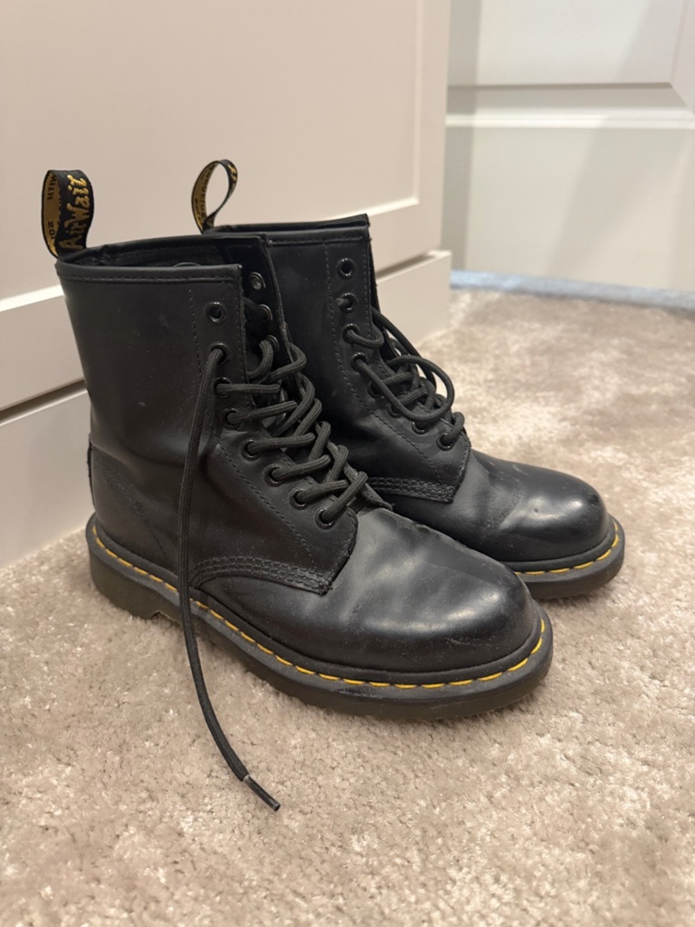 Dr. Martens Black Leather 8-Eye Lace-Up Boots with Yellow Stitching